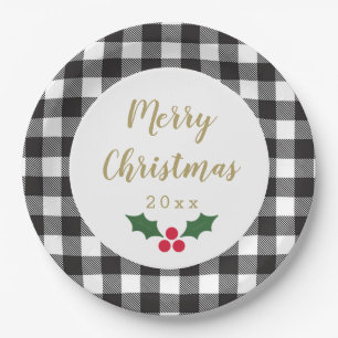 Black and White Buffalo Plaid Holly Christmas Paper Plate