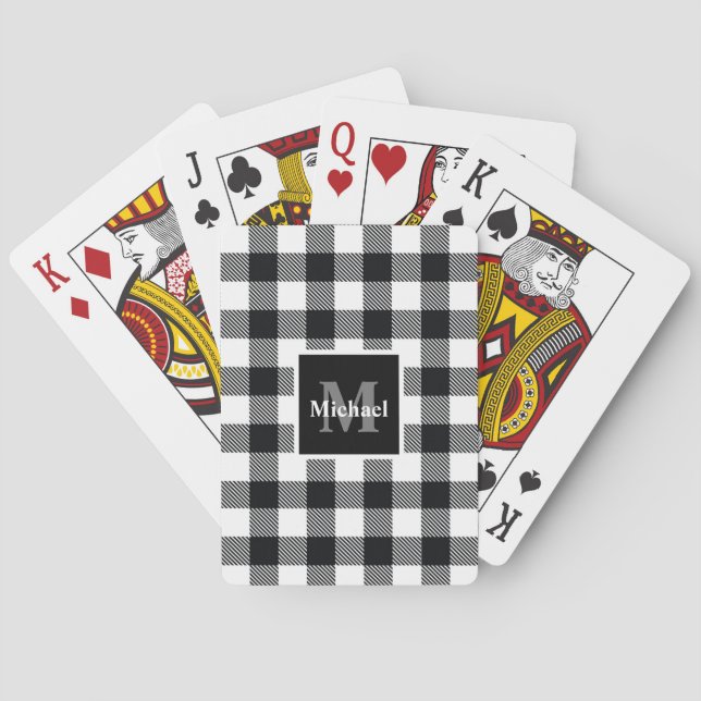 Black and White Buffalo Plaid Monogram Personalize Playing Cards (Back)