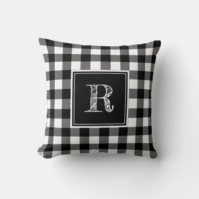 Black and White Buffalo Plaid Monogram Throw Pillow (Front)