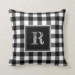 Black and White Buffalo Plaid Monogram Throw Pillow