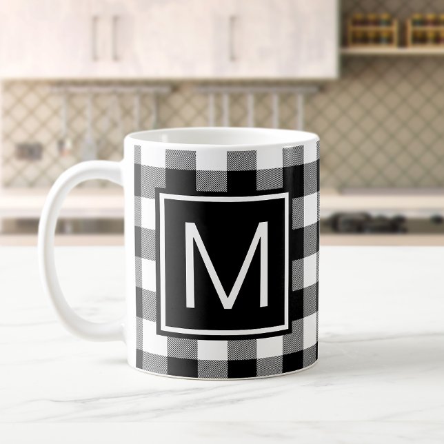 Black and White Buffalo Plaid Monogrammed Coffee Mug (Creator Uploaded)