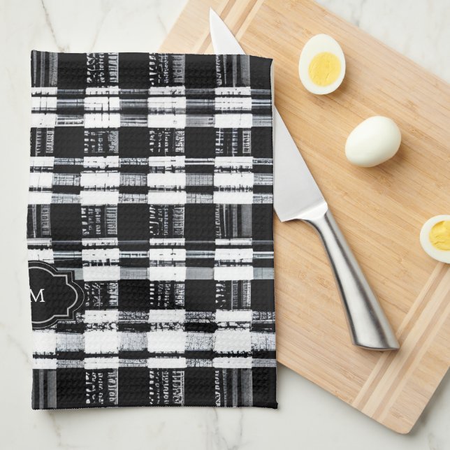 Black and white buffalo plaid monogrammed kitchen towel (Quarter Fold)