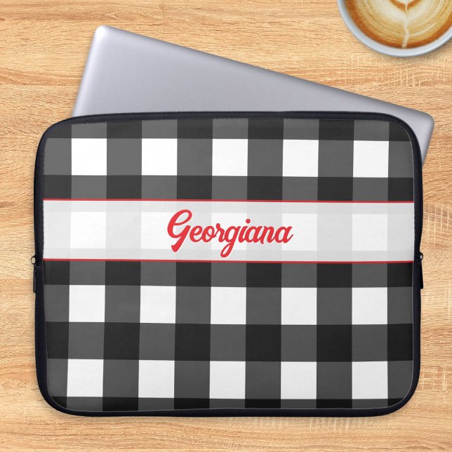Black and White Buffalo Plaid Personalized Laptop Sleeve (A black and white buffalo check laptop cover, with personalized name in red script typography)
