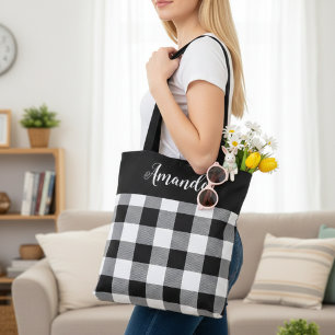 Black and White Buffalo Plaid Personalized Tote Bag