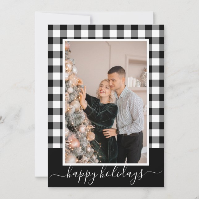 Black and White Buffalo Plaid Photo Christmas Card (Front)