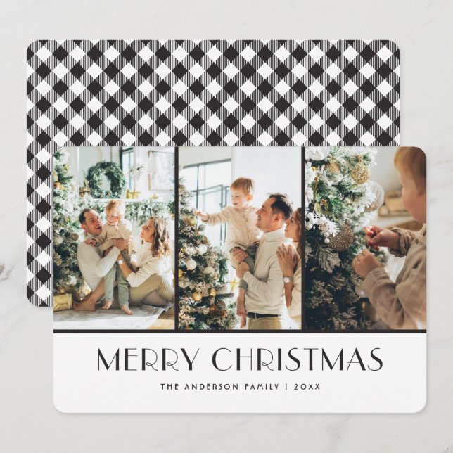 Black and White Buffalo Plaid Photo Christmas Holiday Card (Front/Back)