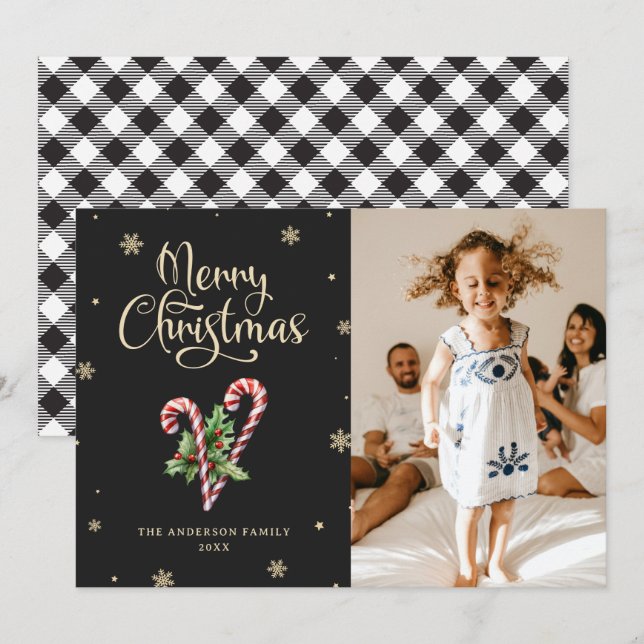 Black and White Buffalo Plaid Photo Christmas Holiday Card (Front/Back)