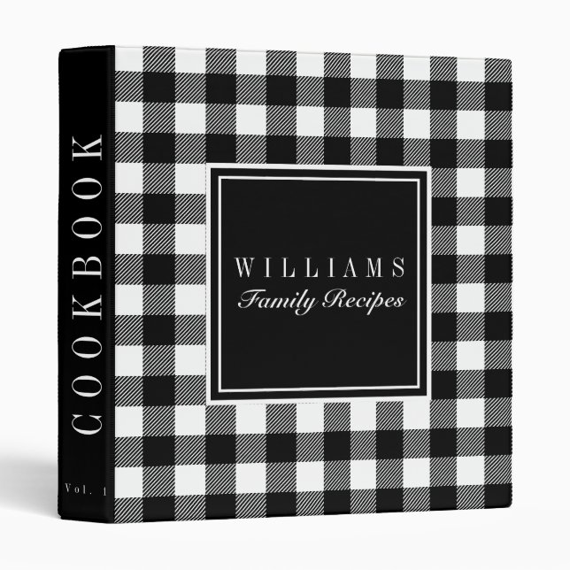 Black and White Buffalo Plaid Recipe Cookbook Binder (Front/Spine)