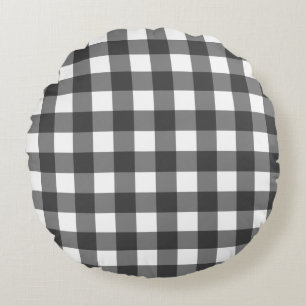 Black And White Buffalo Plaid Round Pillow