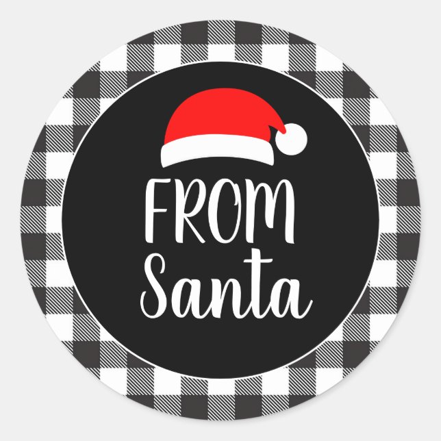 Black and White Buffalo Plaid Santa Hat From Santa Classic Round Sticker (Front)
