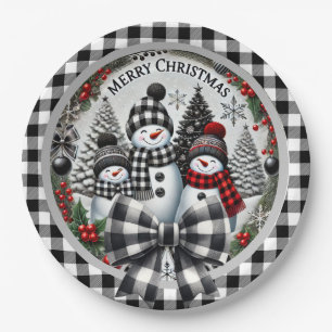 Black And White Buffalo Plaid Snowmen Paper Plate