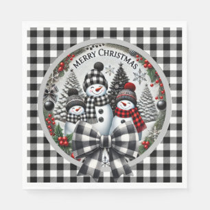 Black And White Buffalo Plaid Snowmen Paper Plate Napkin