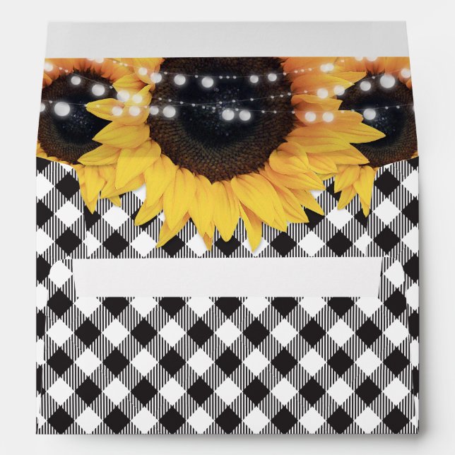 Black and White Buffalo Plaid Sunflower Wedding Envelope (Back (Bottom))