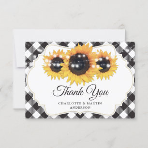 Black and White Buffalo Plaid Sunflower Wedding Thank You Card