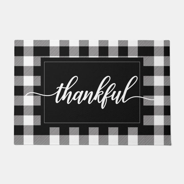 Black and White Buffalo Plaid Thankful Quote Doormat (Front)