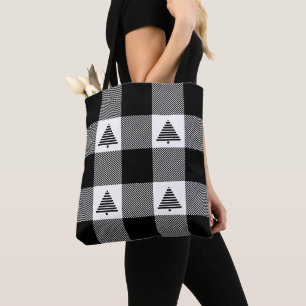 Black and White Buffalo Plaid with Christmas Trees Tote Bag
