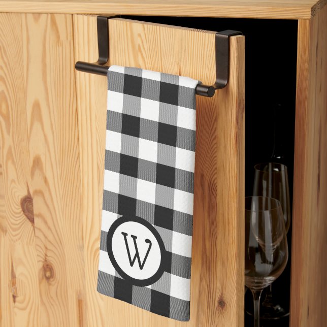 Black and White Buffalo Plaid with Monogram Kitchen Towel (Thirds Fold)