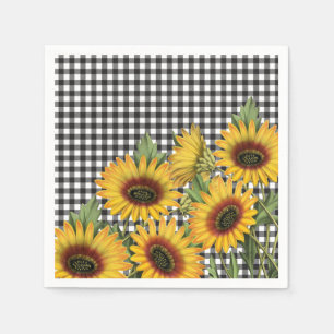 Black and White Buffalo Plaid Yellow Sunflowers Napkin