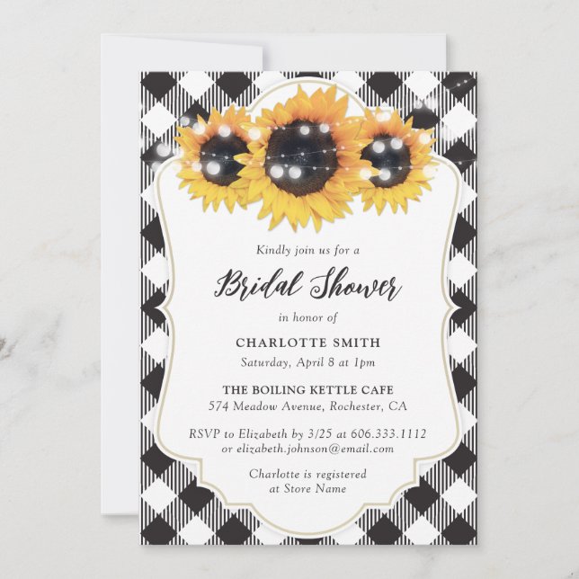 Black and White Buffalo Sunflower Bridal Shower Invitation (Front)