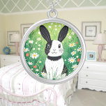 Black And White Bunny Necklace<br><div class="desc">A cute black and white bunny in a field of wildflowers. Digitally created in a cartoon style. Perfect design for kids and adults on many trendy products! Customize your background colour or text!</div>