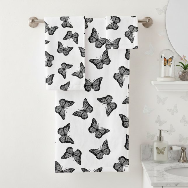 Black and White Butterflies Bathroom Towel Set (Black and white bathroom towel set for butterfly lovers. 🦋)