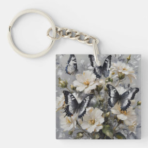 Black And White Butterflies On White Flowers, Keychain