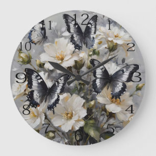 Black And White Butterflies On White Flowers, Large Clock