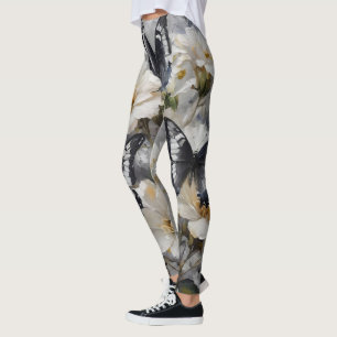 Black And White Butterflies On White Flowers, Leggings