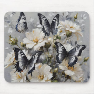 Black And White Butterflies On White Flowers, Mouse Pad
