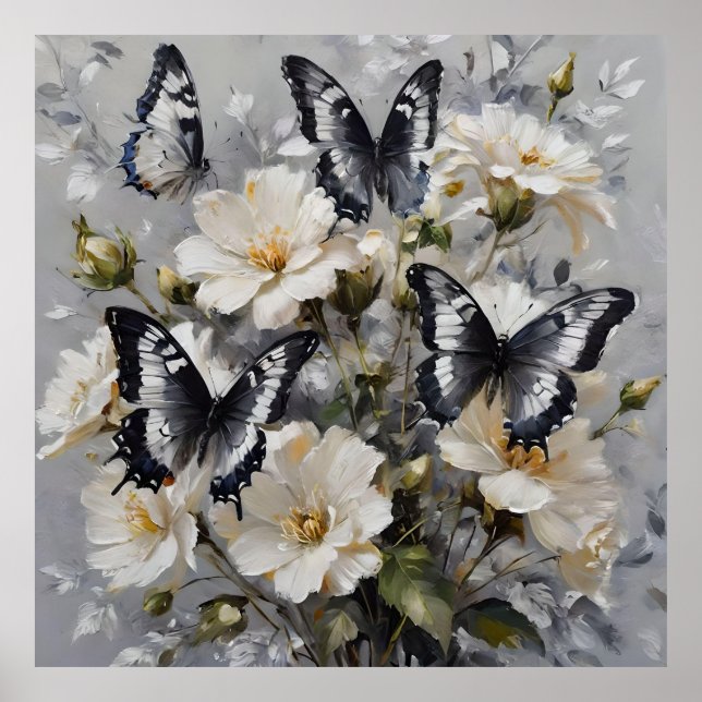 Black And White Butterflies On White Flowers, Poster (Front)