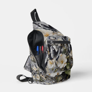 Black And White Butterflies On White Flowers, Sling Bag