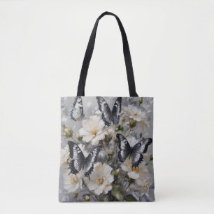 Black And White Butterflies On White Flowers, Tote Bag