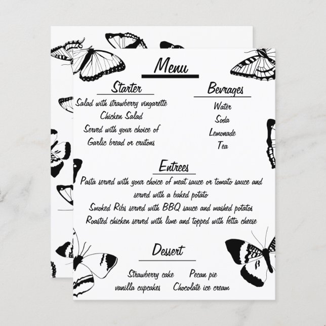 Black and White Butterflies Wedding menu (Front/Back)