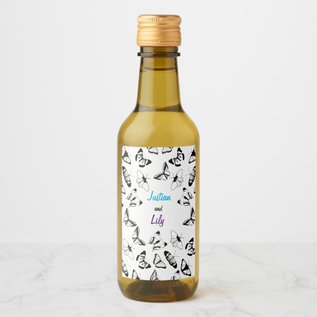 Black and White Butterflies wedding Wine Label (Front)