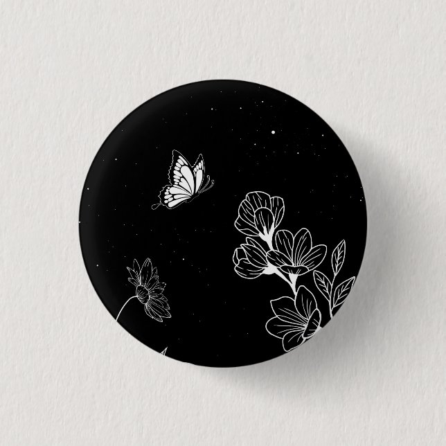Black and White Butterfly and Flowers at Night Art 1 Inch Round Button (Front)