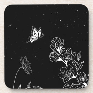 Black and White Butterfly and Flowers at Night Art Coaster
