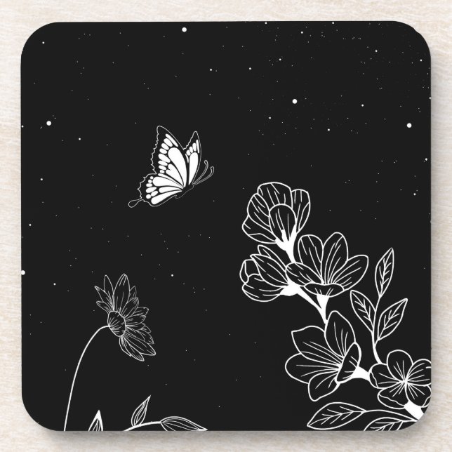 Black and White Butterfly and Flowers at Night Art Coaster (Front)