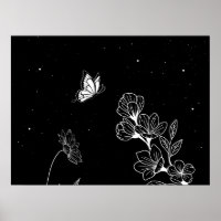 Black and White Butterfly and Flowers at Night Art