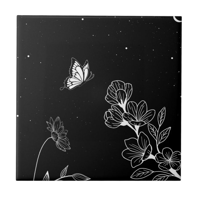 Black and White Butterfly and Flowers at Night Art Tile (Front)