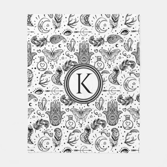 Black and White Butterfly Boho Elements Monogram  Fleece Blanket (Front)