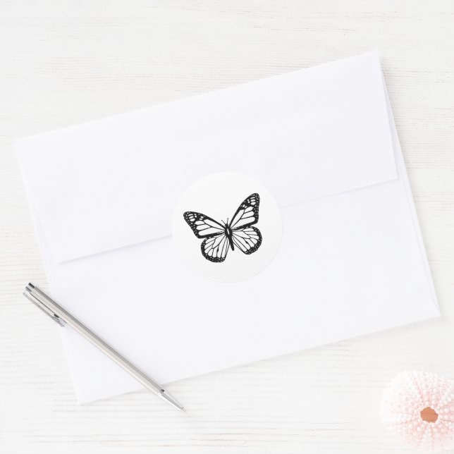 Black and White Butterfly Classic Round Sticker (Envelope)