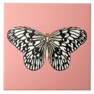 Black and white butterfly,coral pink background tile