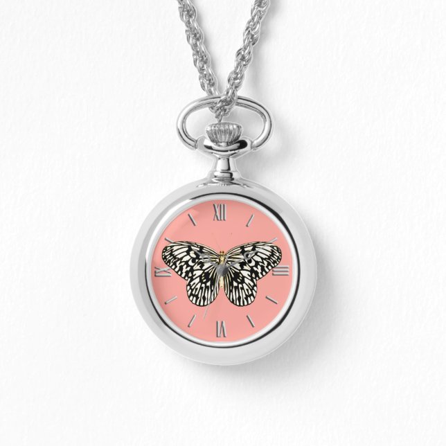 Black and white butterfly,coral pink background watch (Front)