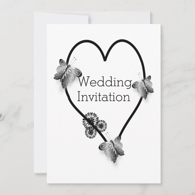 Black And White Butterfly Heart Design Wedding Invitation (Front)