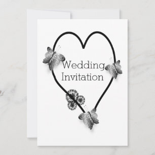 Black And White Butterfly Heart Design Wedding Invitation