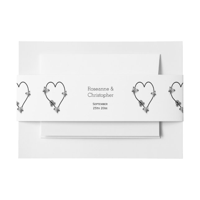 Black And White Butterfly Heart Design Wedding Invitation Belly Band (Front Example)