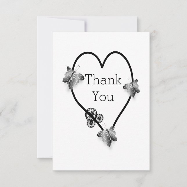 Black And White Butterfly Heart Design Wedding Thank You Card (Front)