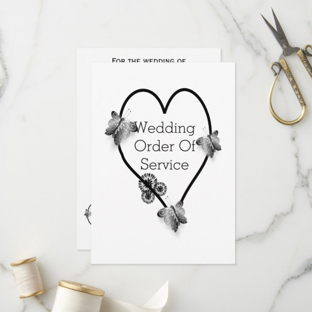 Black And White Butterfly Heart Wedding Program (Front/Back In Situ)