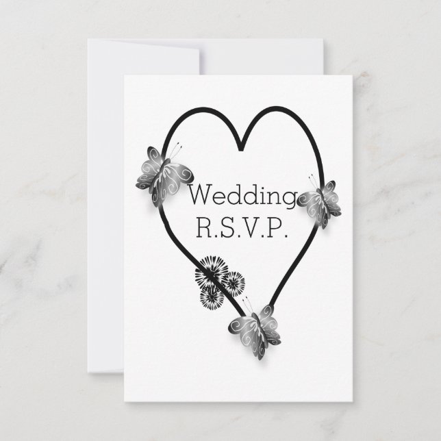 Black And White Butterfly Heart Wedding RSVP Card (Front)