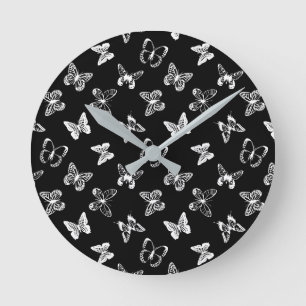 Black and White Butterfly illustration Black  Round Clock